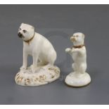 A rare Rockingham gilt and white porcelain figure of a begging pug and another of a seated pug, c.