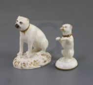 A rare Rockingham gilt and white porcelain figure of a begging pug and another of a seated pug, c.
