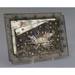 A Japanese silver, shibayama and cloisonne enamel tray, Meiji period, decorated in cloisonne