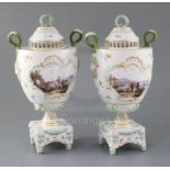 A pair of Meissen pot pourri vases and covers, late 19th century, each finely painted with figures