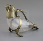 A Victorian novelty nickel mounted glass claret jug, modelled as a walrus, (ex silver plated?), with