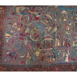 A 19th century Kashmir wool and silk shawl, finely embroidered with figures and animals amid