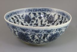 A large Chinese Ming blue and white 'lotus' bowl, late 15th / early 16th century, the interior and