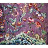 A purple crewel worked panel embroidered with multi-coloured wools of elephants and bears in the