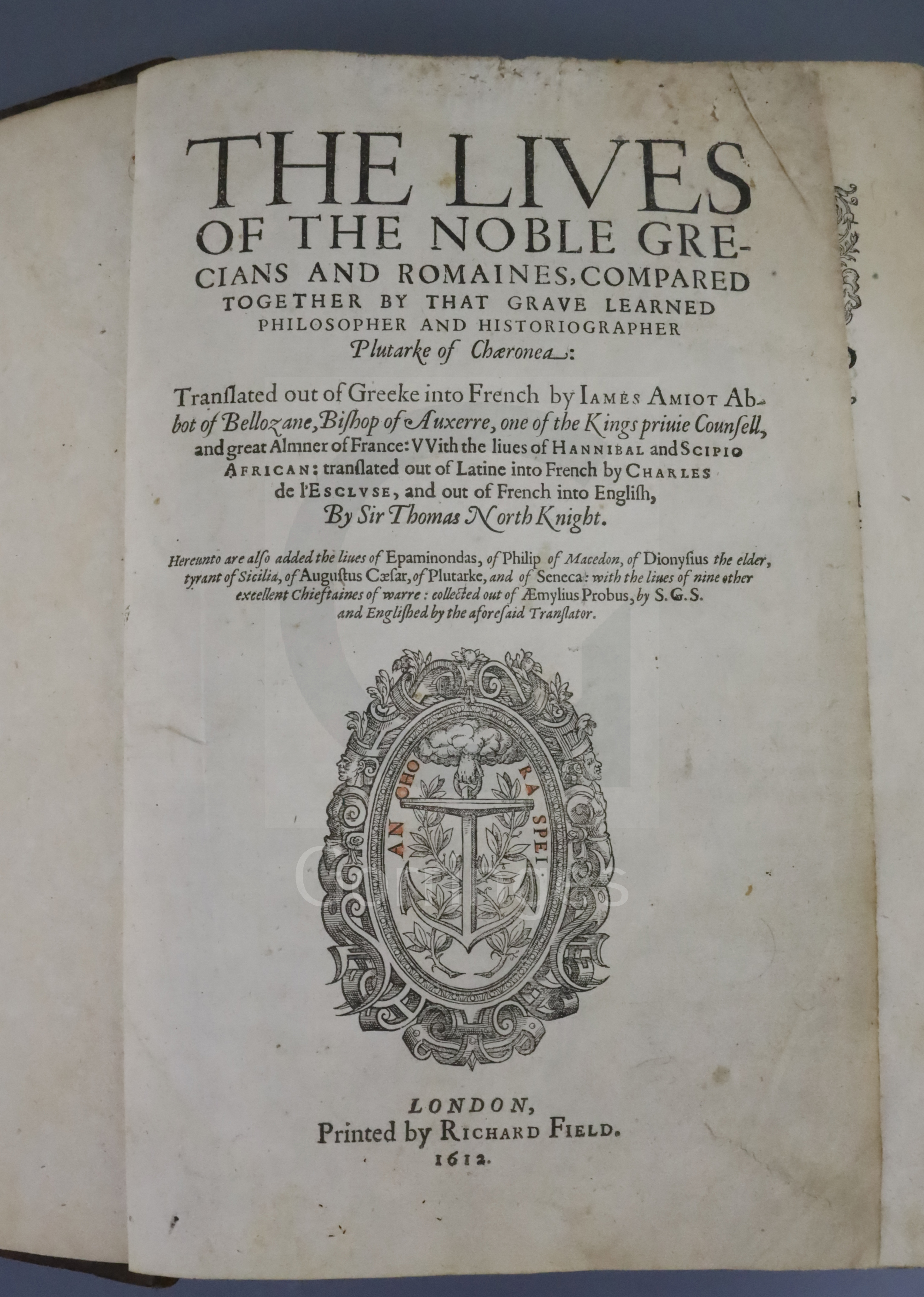 Plutarch - Lives "The Lives of the Noble Grecians and Romanes", folio, calf gilt, Richard Field,