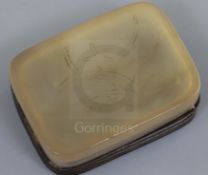 A Chinese agate rectangular box and cover, the cover incised with a plant, the base with character