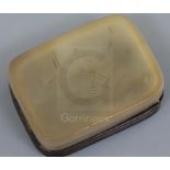 A Chinese agate rectangular box and cover, the cover incised with a plant, the base with character