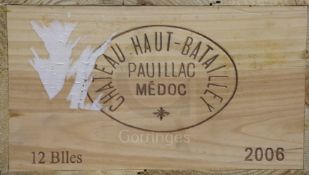 A case of twelve bottles of Chateau Haut-Batailley, Pauillac, 2006, in unopened wooden case with