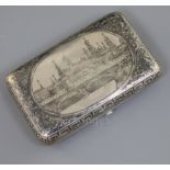A late 19th century Russian 84 zolotnik silver and niello cigarette case, decorated with view of Red