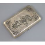 A late 19th century Russian 84 zolotnik silver and niello cigarette case, decorated with troika