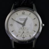 A gentleman's 1950's? stainless steel Movado automatic wrist watch, with baton and quarterly