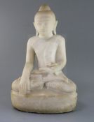 A large Burmese Mandalay style sculpted marble seated figure of Buddha Shakyamuni, 19th/20th