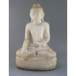 A large Burmese Mandalay style sculpted marble seated figure of Buddha Shakyamuni, 19th/20th