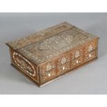 A 19th century Indian ivory inset hardwood writing slope, decorated with dense foliate scrolls and