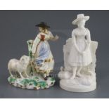 Two Rockingham porcelain figures, c.1830, the first a shepherdess feeding a sheep, incised 'No.4'