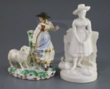 Two Rockingham porcelain figures, c.1830, the first a shepherdess feeding a sheep, incised 'No.4'