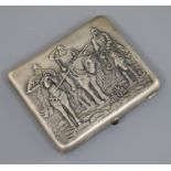 A 20th century Russian 875 silver cigarette case, embossed with three horsemen, of square form