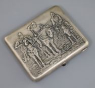 A 20th century Russian 875 silver cigarette case, embossed with three horsemen, of square form