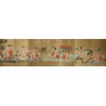 A Chinese erotic hand scroll, early 20th century, depicting erotic scenes painted on silk,