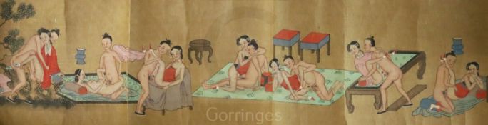 A Chinese erotic hand scroll, early 20th century, depicting erotic scenes painted on silk,
