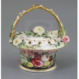 A rare and fine Rockingham porcelain pot pourri basket and cover, 1830-42, probably painted by Edwin