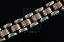 A stylish mid 20th century Hungarian 14ct two colour gold domed link bracelet, 19.5cm.