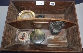 A Victorian oak cutlery tray, a horseshoe desk timepiece, two papier mache snuff boxes etc tray 39 x