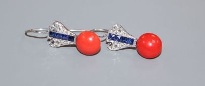 A pair of white metal, coral bead, diamond and synthetic? sapphire earrings 19mm.