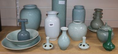 A group of Chinese celadon and monochrome vases, bowls and dishes, 19th / 20th century tallest 29.