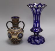 A blue flash cut vase and a Royal Doulton Lambeth two handled vase tallest 28.5cm