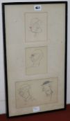 Bruce Bairnsfather (1888-1959) - coloured pencil, Three studies of Old Bill largest 13 x 20cm framed