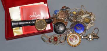 Costume jewellery including Tiffany and Pandora silver rings, bracelets, etc., and an Omega quartz