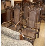 A set of eight William and Mary style oak, beech and canework high back dining chairs, two with