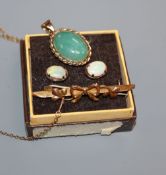 A yellow metal and jade pendant on 9ct chain, a 9ct brooch and a pair of 9ct and white opal