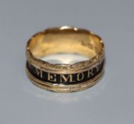 A late Victorian 18ct gold and enamel 'In Loving Memory Of' family mourning ring, with