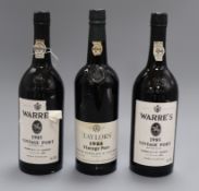 A bottle of Taylors Vintage Port 1985 and two bottles of Warres vintage port 1985