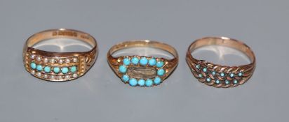 A late Victorian 15ct gold, turquoise and hair set mourning ring and two other 9ct gold and