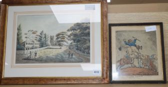 Early 19th century, watercolour, Figures before a church, 24 x 36cm and an engraving After