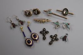 Five assorted pairs of earrings including pietra dura, enamel and gem set bug earrings, a swallow