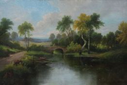 English School, c.1900, oil on canvas, River landscape with figure on a bridge 50 x 76cm