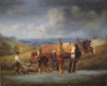 English School c.1860, oil on panel, 'Ploughmen in a field'