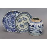 A Chinese blue and white jar and two plates largest diameter 24.5cm