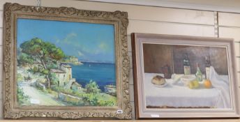 M. Bazle, oil on canvas, Mediterranean coastal scene, 50 x 60cm and an unsigned oil table top