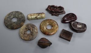 A Chinese jade 'chilong' bi disc, two hardstone bi discs and two other carvings