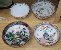 Three Japanese polychrome bowls and a Samson famille rose bowl largest diameter 24.5cm