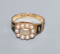 A Victorian 18ct gold, black enamel, plaited hair and split pearl set mourning ring, with