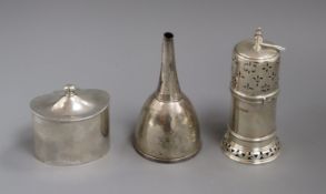 A George V silver lighthouse sugar caster, a silver mustard and part of a Georgian silver wine