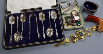 A cased set of silver teaspoons & tongs, a silver salt and cigar cutter, pinchbeck bracelet, loose