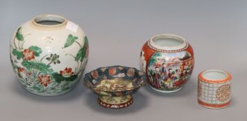 A 19th century Chinese famille verte jar, a 'shou medallion' pot, a damaged teapot and a pedestal