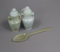 A pair of jade miniature vases and a spoon